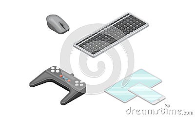 Keyboard, computer mouse, game controller and smartphone. Modern wireless mobile devices isometric vector illustration Vector Illustration