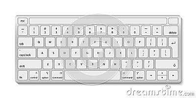 Keyboard of computer. White aluminum key board with button. Keyboard with black alphabet for laptop and pc isolated on white Vector Illustration