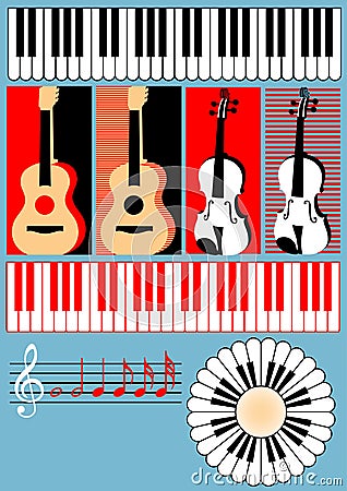 Keyboard, guitar, violin, treble clef, note - symb Vector Illustration