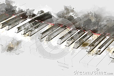 Keyboard of the piano foreground Watercolor painting Cartoon Illustration