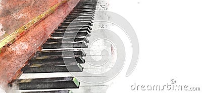 Keyboard of the piano foreground Watercolor painting background and Digital illustration brush to art. Cartoon Illustration