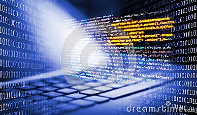 Keyboard with programming code and binary code Stock Photo