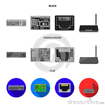 Keyboard, router, motherboard and connector. Personal computer set collection icons in black, flat, monochrome style Vector Illustration