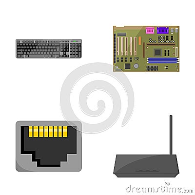 Keyboard, router, motherboard and connector. Personal computer set collection icons in cartoon style vector symbol stock Vector Illustration