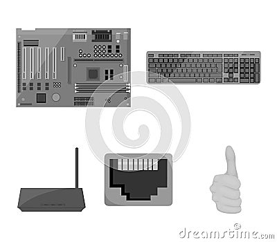 Keyboard, router, motherboard and connector. Personal computer set collection icons in monochrome style vector symbol Vector Illustration