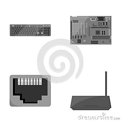 Keyboard, router, motherboard and connector. Personal computer set collection icons in monochrome style vector symbol Vector Illustration