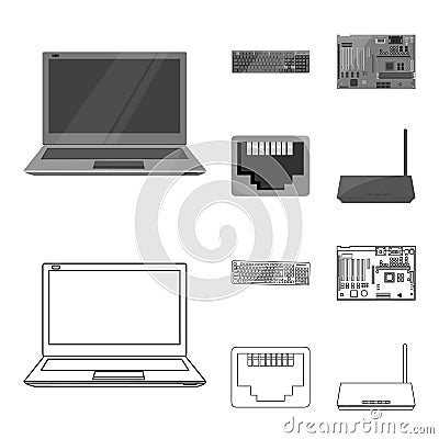 Keyboard, router, motherboard and connector. Personal computer set collection icons in outline,monochrome style vector Vector Illustration