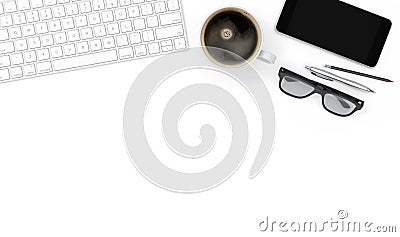 Keyboard, smartphone and coffee cup on white table, top view with copy space, 3d illustration Stock Photo