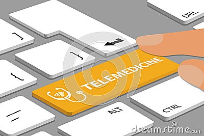 Keyboard With Yellow Telemedicine Button - Computer Or Laptop With Fingers - Vector Illustration Stock Photo