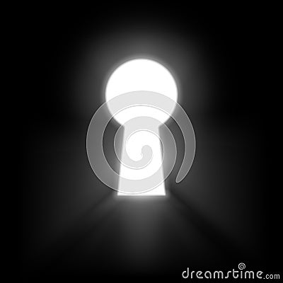 Keyhole illuminated rays of light isolated on black background. White keyhole symbol of hope or success. Vector Vector Illustration