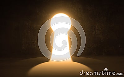 Keyhole Light Door In a Big Empty Dark Room Grungy walls and floor wall with soft lights. The key to success concept Stock Photo