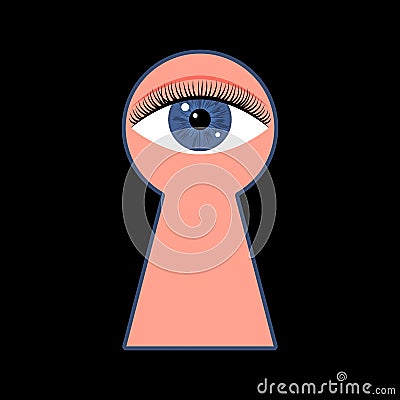 Keyhole and prying eye. Mysterious closed door lock. Curious man looks through keyhole. Confidential, private information concept Vector Illustration