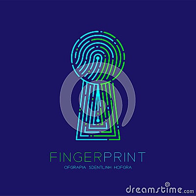Keyhole shape Fingerprint scan pattern logo dash line, digital gateway concept, Editable stroke illustration green and blue Vector Illustration