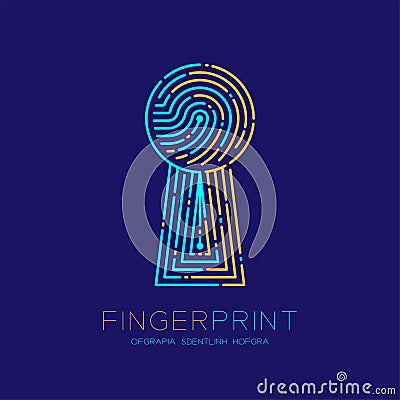 Keyhole shape Fingerprint scan pattern logo dash line, digital gateway concept, Editable stroke illustration orange and blue Vector Illustration