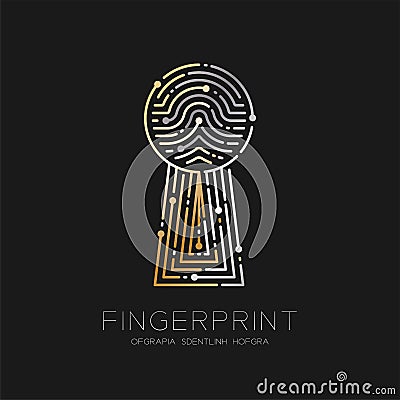 Keyhole shape Fingerprint scan pattern logo dash line, digital gateway concept, illustration silver and gold isolated on black Vector Illustration