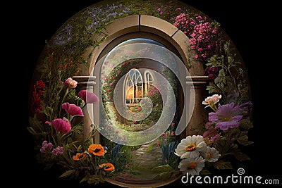 keyhole, with view of garden or courtyard, filled with lush greenery and blooming flowers Stock Photo