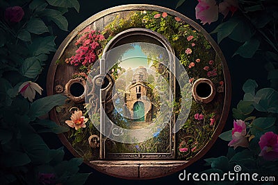 keyhole, with view of garden or courtyard, filled with lush greenery and blooming flowers Stock Photo