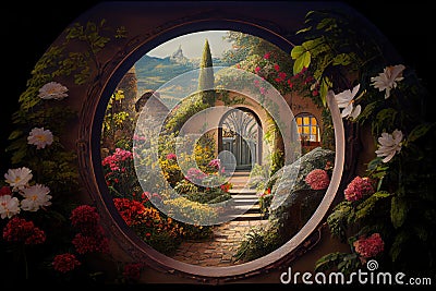 keyhole, with view of garden or courtyard, filled with lush greenery and blooming flowers Stock Photo