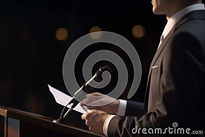 Keynote Speaker on Podium with Script and Microphone in Bright Spotlight at Business Conference Stock Photo