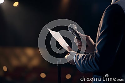 Keynote Speaker on Podium with Script and Microphone in Bright Spotlight at Business Conference Stock Photo