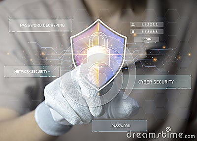 Keypad, cyber shield, lock, technology security system. Digital link. Cyber security with advanced technology Stock Photo