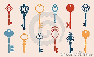 Keys. Antique keys silhouettes and worms wit heads and tails, house lock keys graphic template. Vector retro key logo Vector Illustration