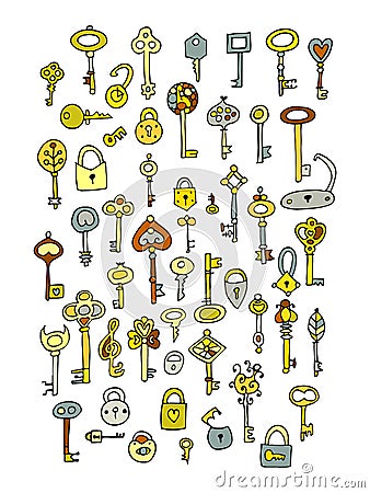 Keys collection, sketch for your design Vector Illustration