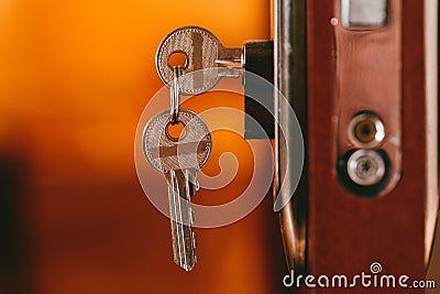 Keys in the door lock. Object photo Stock Photo