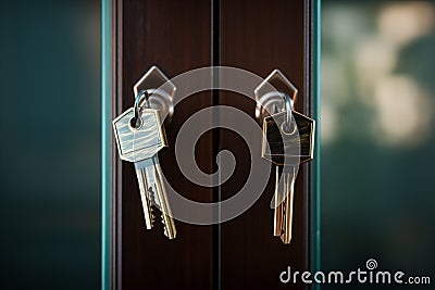 Keys on house doors represent new homes, real estate investments Stock Photo