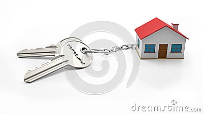 Keys and house. Key chain of a house with two keys and the text Homeowner Stock Photo