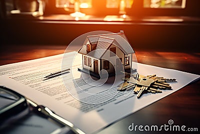 Keys, house model, and contract on a table, real estate Stock Photo