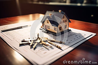 Keys, house model, and contract on a table, real estate Stock Photo