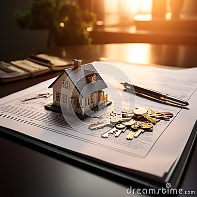 Keys, house model, and contract on a table, real estate Stock Photo