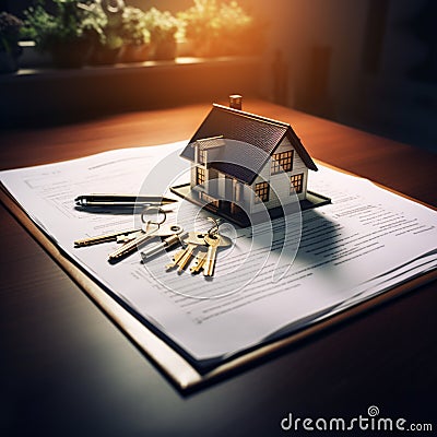 Keys, house model, and contract on a table, real estate Stock Photo