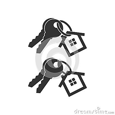 Keys with key chain ring and a house pendant. Pair of house keys. Vector Illustration