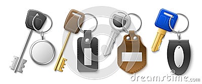 Keys with key chains. Realistic isolated keychains, leather and metal modern tags and pendants, different shapes charms, 3d Vector Illustration