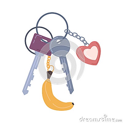 Keys with keychains keyrings, keyholder pendants Vector Illustration