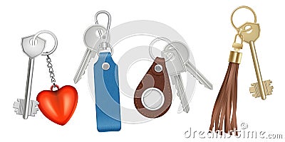 Keys on keychains. Realistic bunch with keys trinket different forms circle shapes vector isolated pictures Vector Illustration