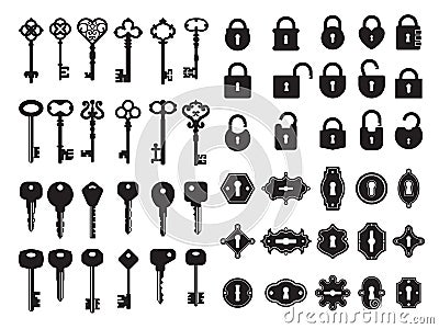 Keys and keyhole. Logo collection of modern and retro house keys secret gate padlock vector badges Vector Illustration