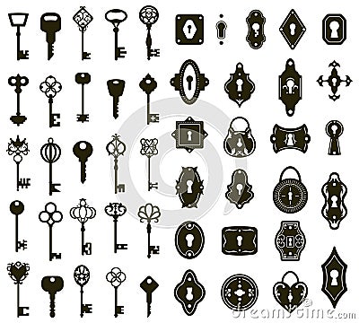 Keys and keyholes. Vintage house door keys and keyholes, decorative keys silhouettes vector illustration set. Antique Vector Illustration