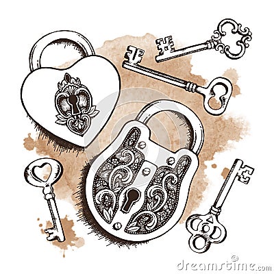 Keys and locks over watercolor background. Vector illustration. Vector Illustration