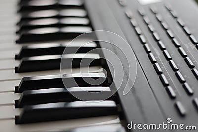 Keys of a musical keyboard synthesizer in black and white Stock Photo