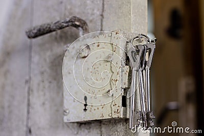 Keys to the front door of the house. Various accessories needed Stock Photo