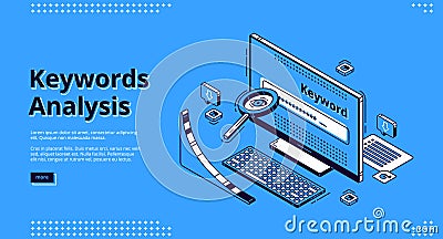 Keyword analysis seo tool isometric landing page Vector Illustration