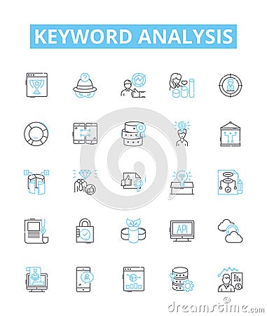 Keyword analysis vector line icons set. Keyword, Analysis, Research, Strategies, Targeting, Optimization, Ranking Vector Illustration