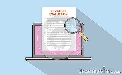 Keyword or keywording marketing seo analysis evaluation control with laptop document and magnifying glass Cartoon Illustration