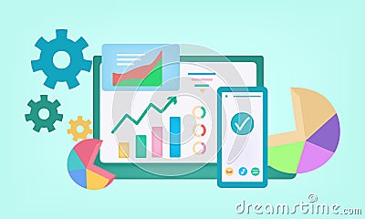 Keyword analysis report concept with graph chart, laptop, and mobile phone icon Vector Illustration