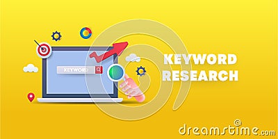 Keyword research and search engine optimization - 3d style minimal design with yellow background. Stock Photo