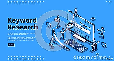 Keyword research seo tool isometric landing page Vector Illustration