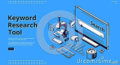 Keyword research tool isometric landing page. Vector Illustration